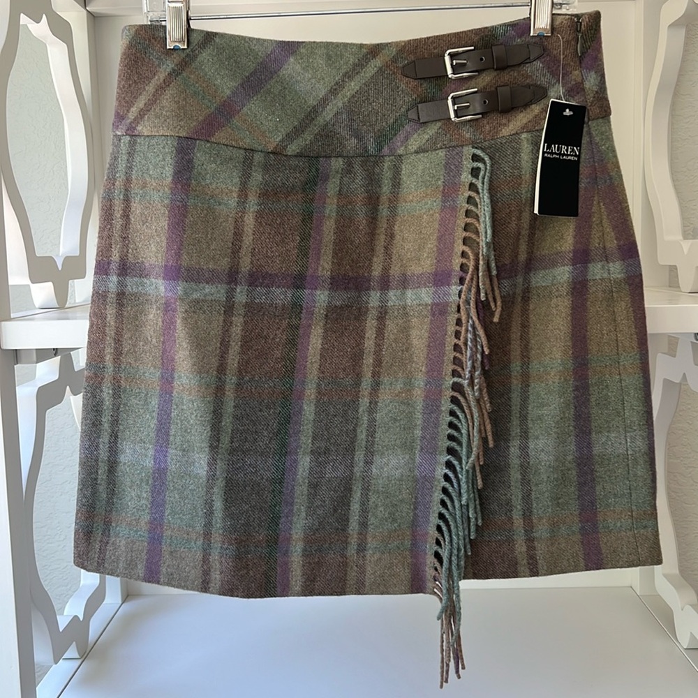 Lauren Ralph Lauren Plaid Mini Wrap Skirt Fringe Buckles Black Label Size 6